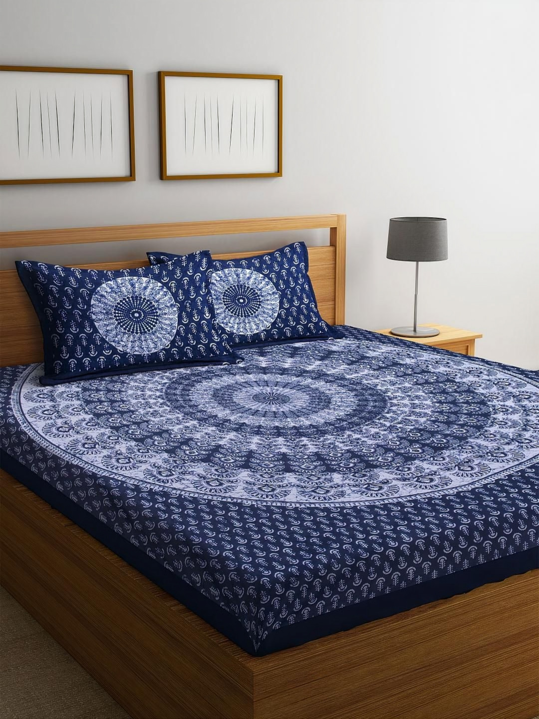 Lali Prints Blue & White Geometric Printed 180 TC Queen Cotton Bedsheet Set  2.28m x 2.54m