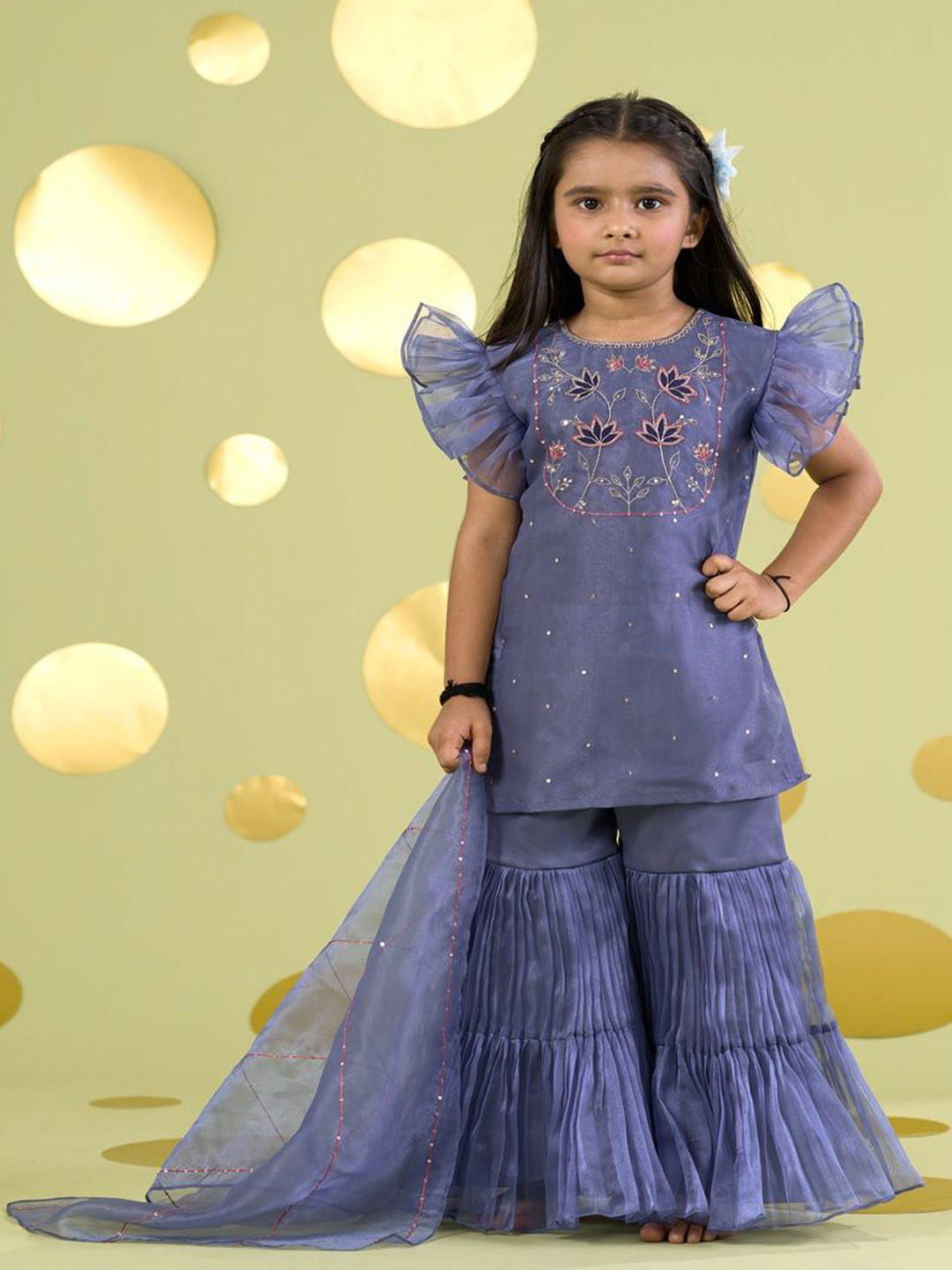 Vivedkids Girls Floral Embroidered Round Neck Kurta With Sharara & Dupatta
