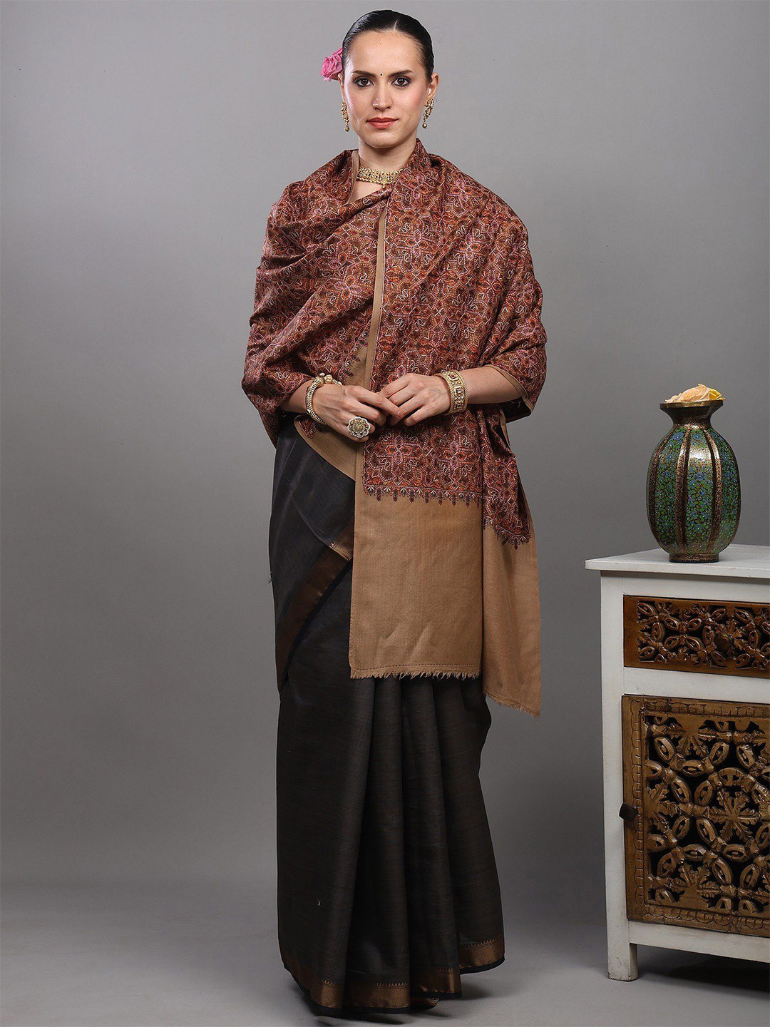 Exotic India Women Wool Stole with Heavy Embroidered Flowers and Ethnic Motifs Stole