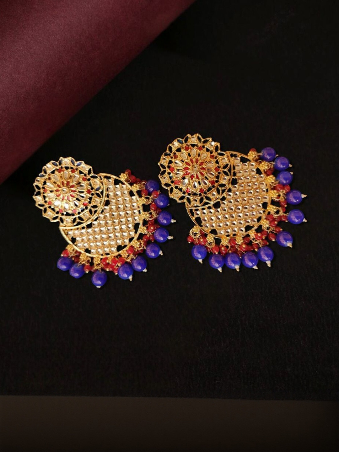 Anouk Circular Women Blue & Marron Beads Gold Plated Earrings