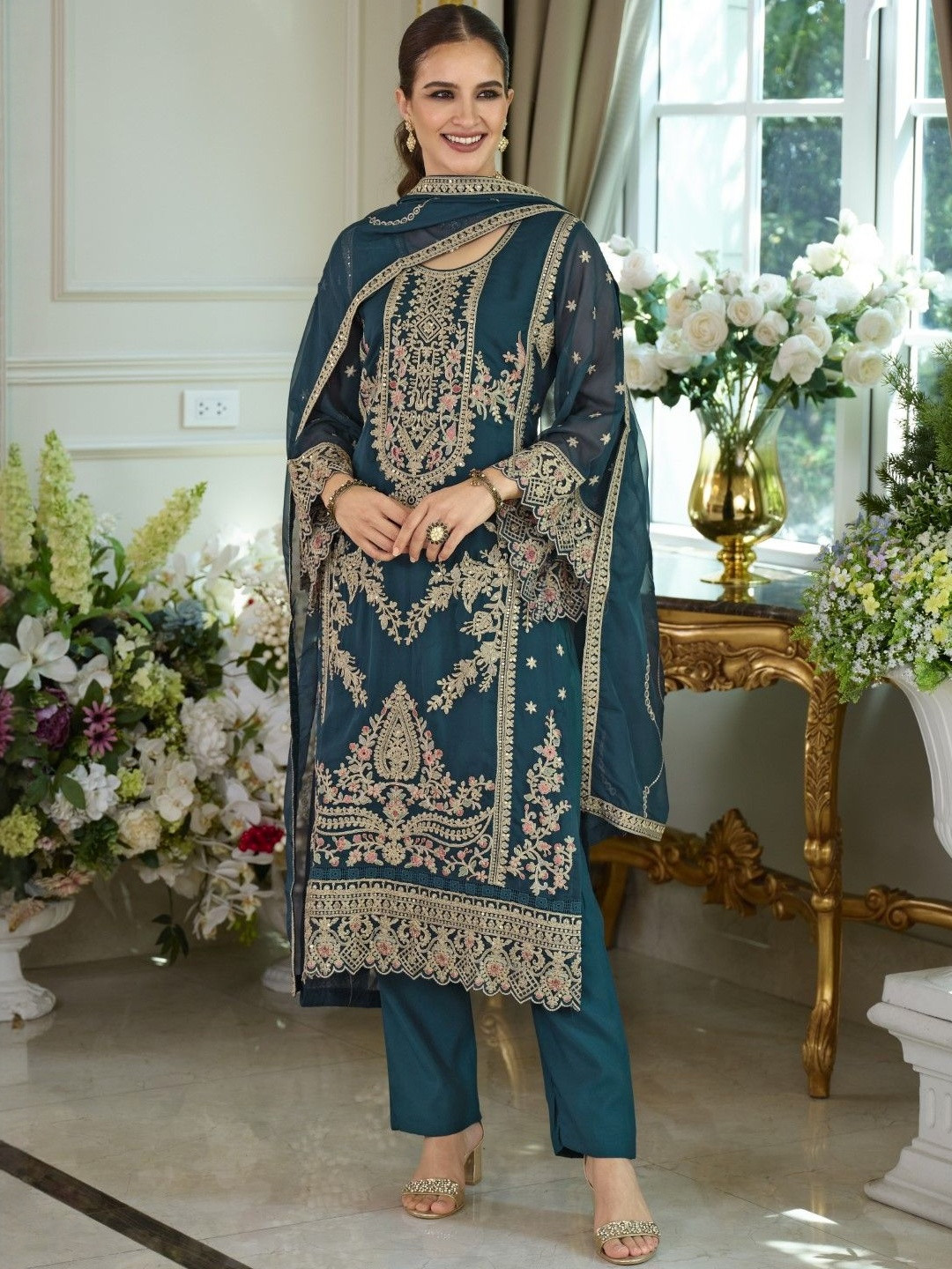 AUTUMN LANE Ramneek Azure Floral Embroidered Sequinned Kurta With Trousers & Dupatta