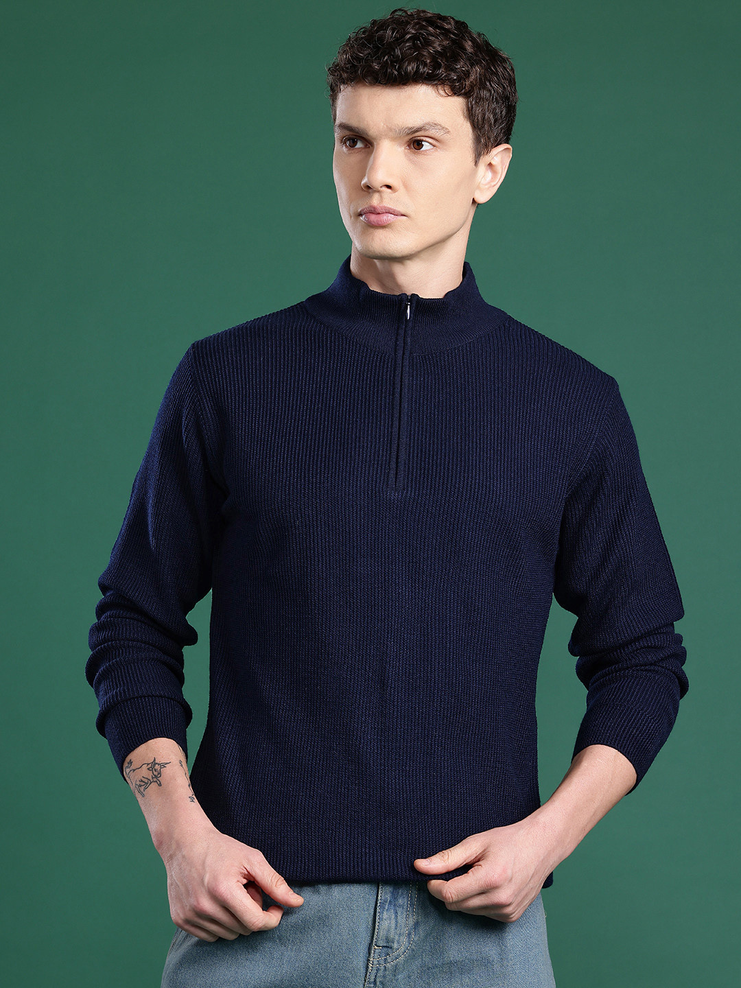 Cayman High Neck Half Zipper Ribbed Woollen Pullover