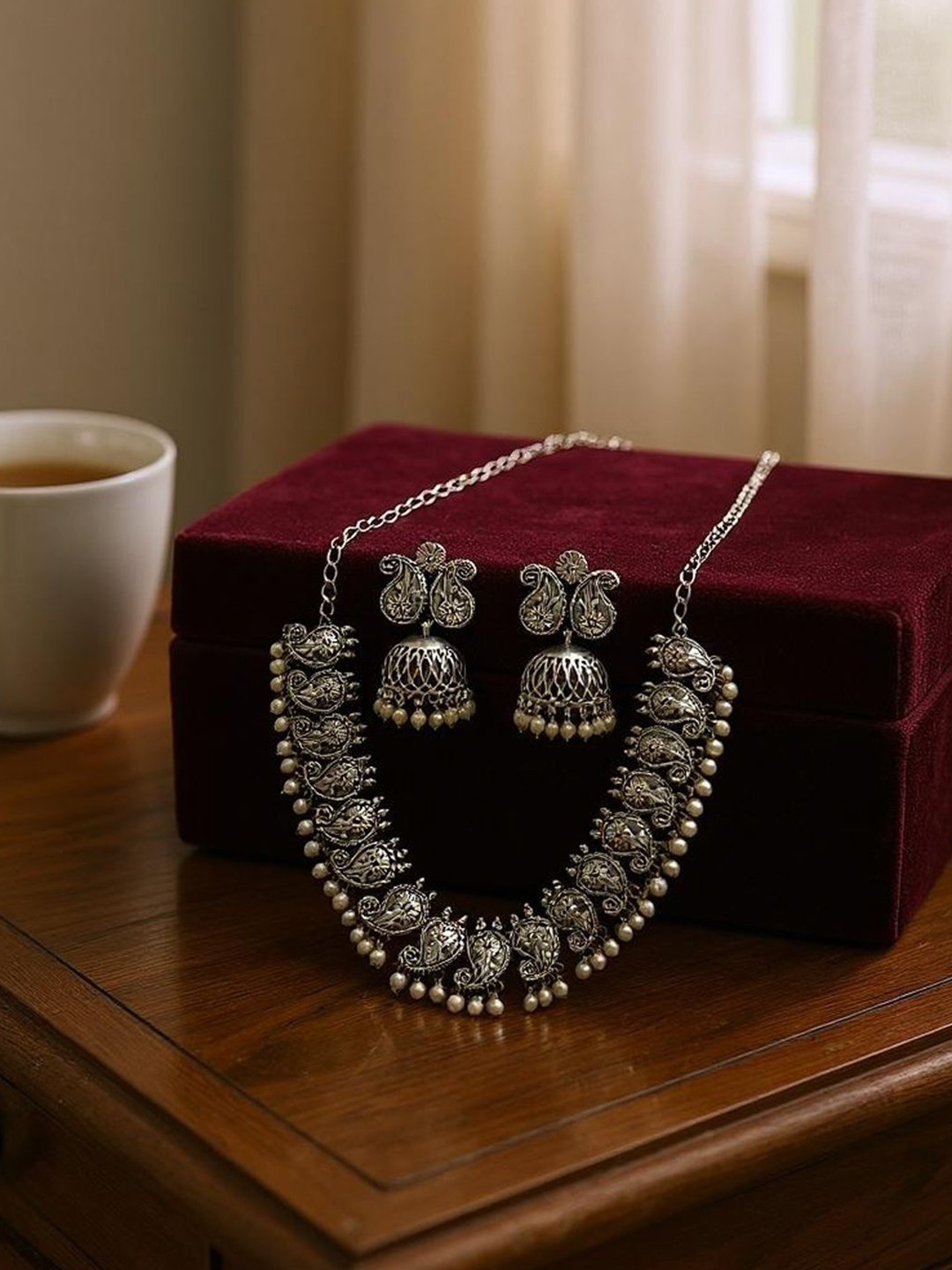 The Style Courtyard Silver-Plated Oxidised Artificial Beaded Necklace & Earrings
