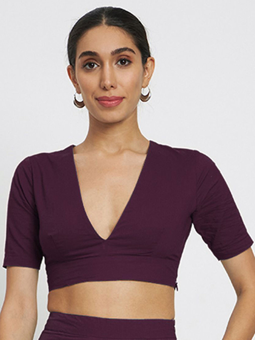 Thevasa Women's Wine Divine Depth V Neck Half Sleeves Blouse