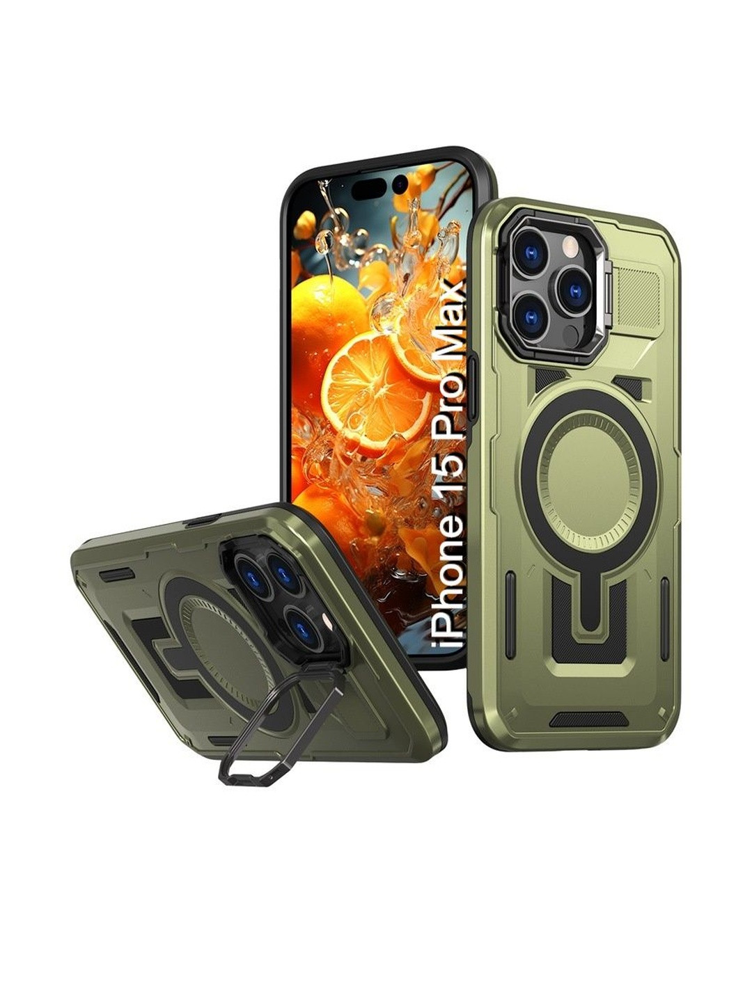 Luxury Kase Solid iPhone 15 Pro Max Rugged Shockproof Magnetic Case with Kickstand