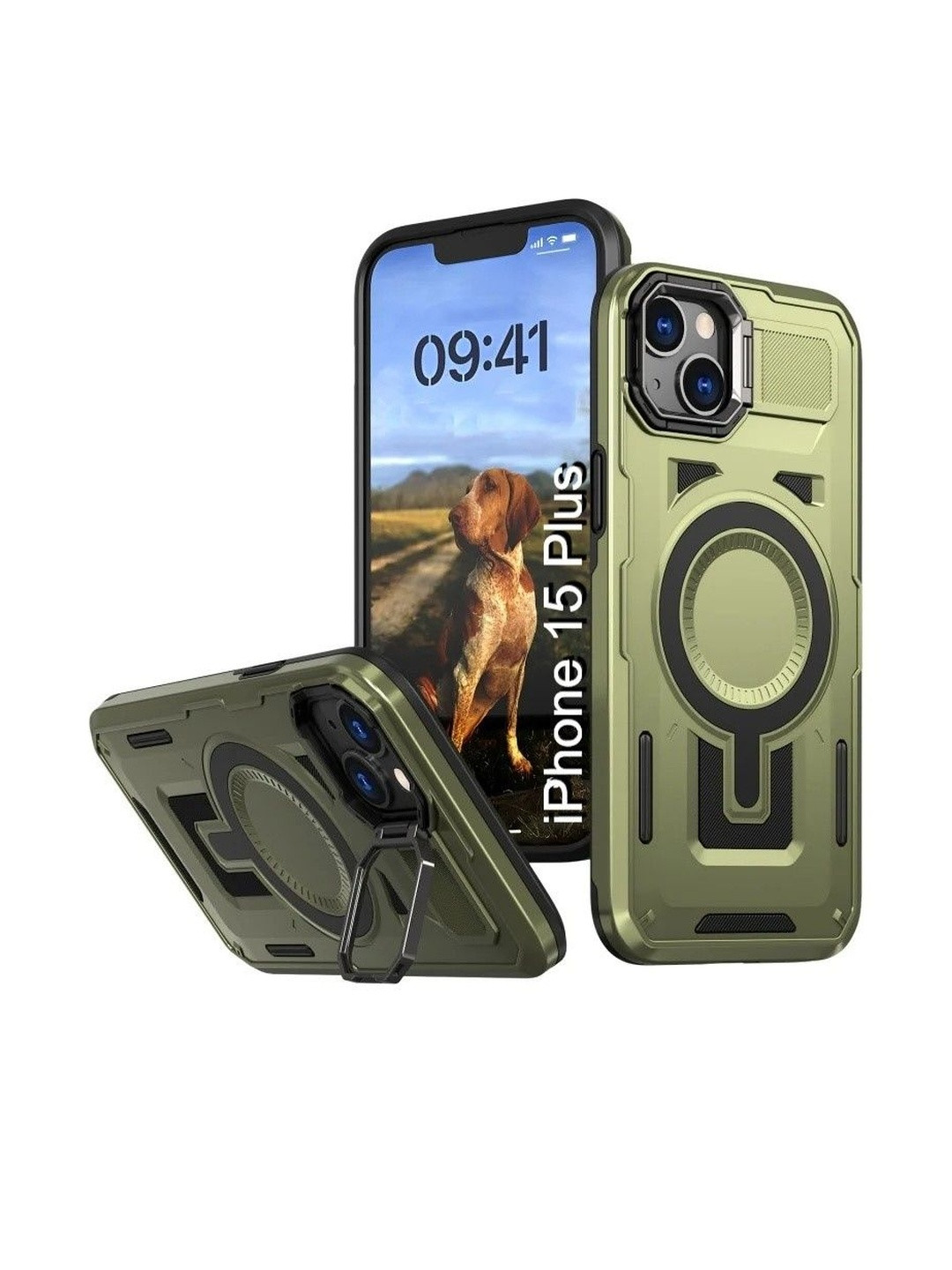 Luxury Kase iPhone 15 Plus Rugged Shockproof Magnetic Case with Kickstand