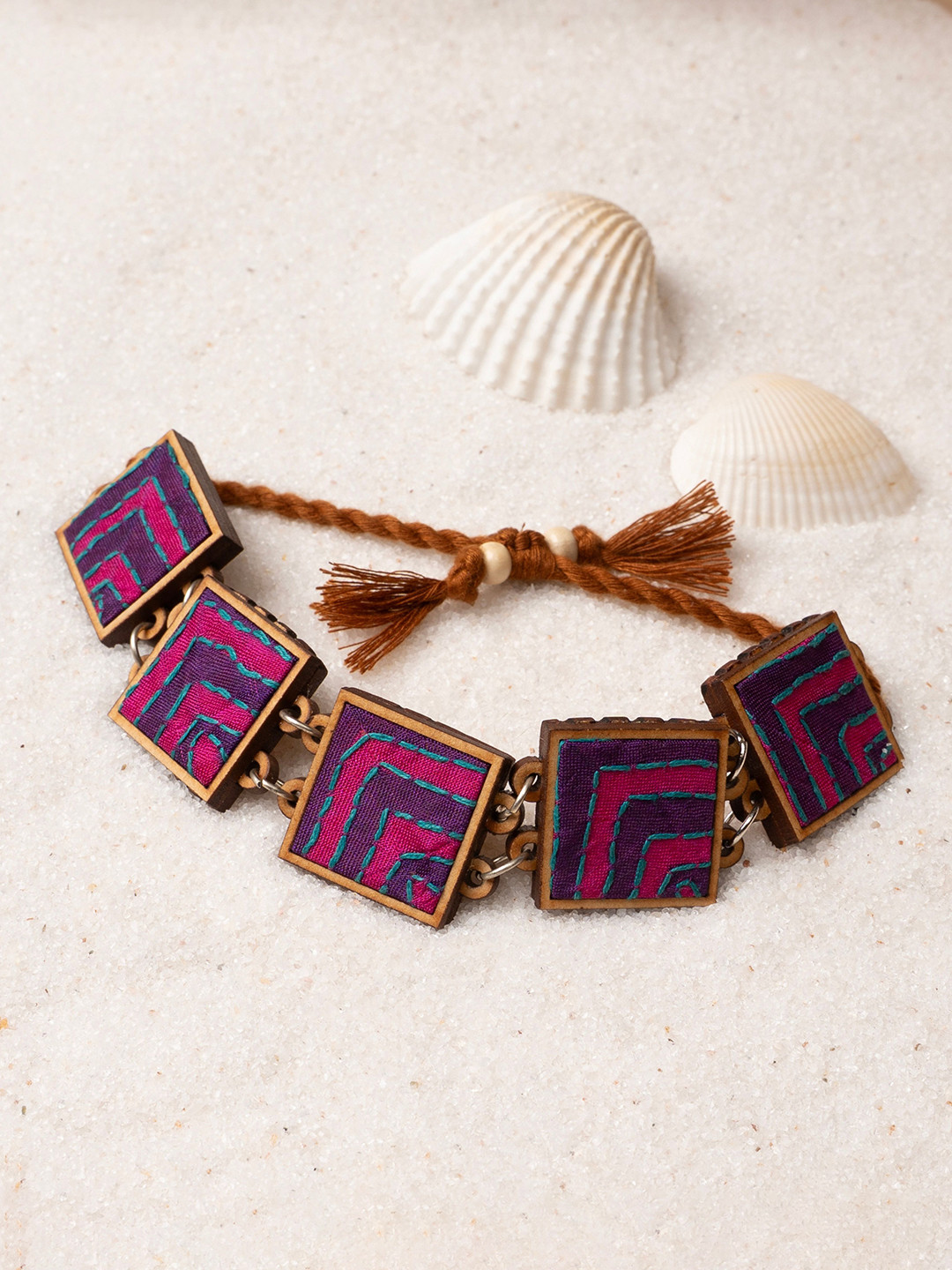 WHE Pink Purple Kantha Repurposed Silk Fabric and Wood Bracelet