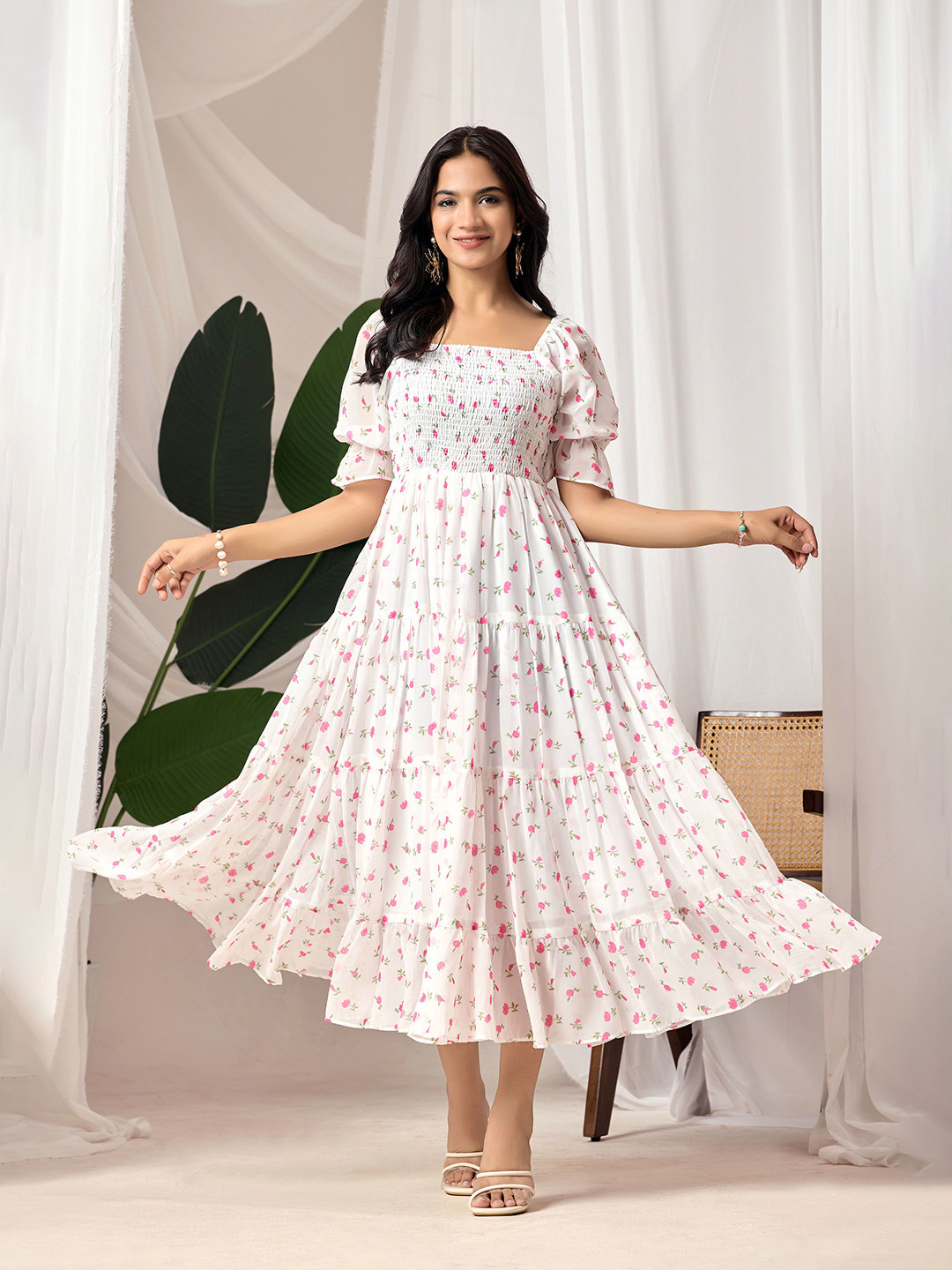 Dream Tree Floral Printed Smocked Detail Tiered Georgette Fit & Flare Midi Dress