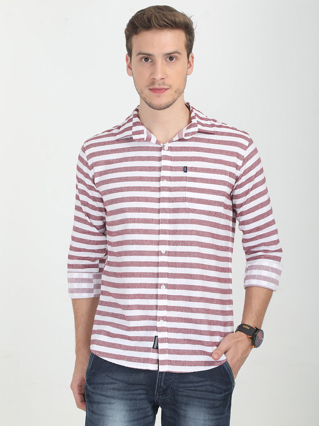 Rope Horizontal Striped Spread Collar Pure Cotton Slim Fit Shirt