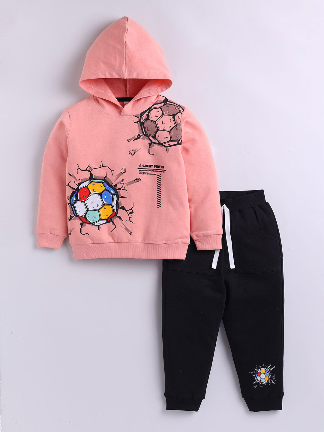 LITTLE NINJA Boys Printed Hooded Pure Cotton Sweatshirt With Joggers