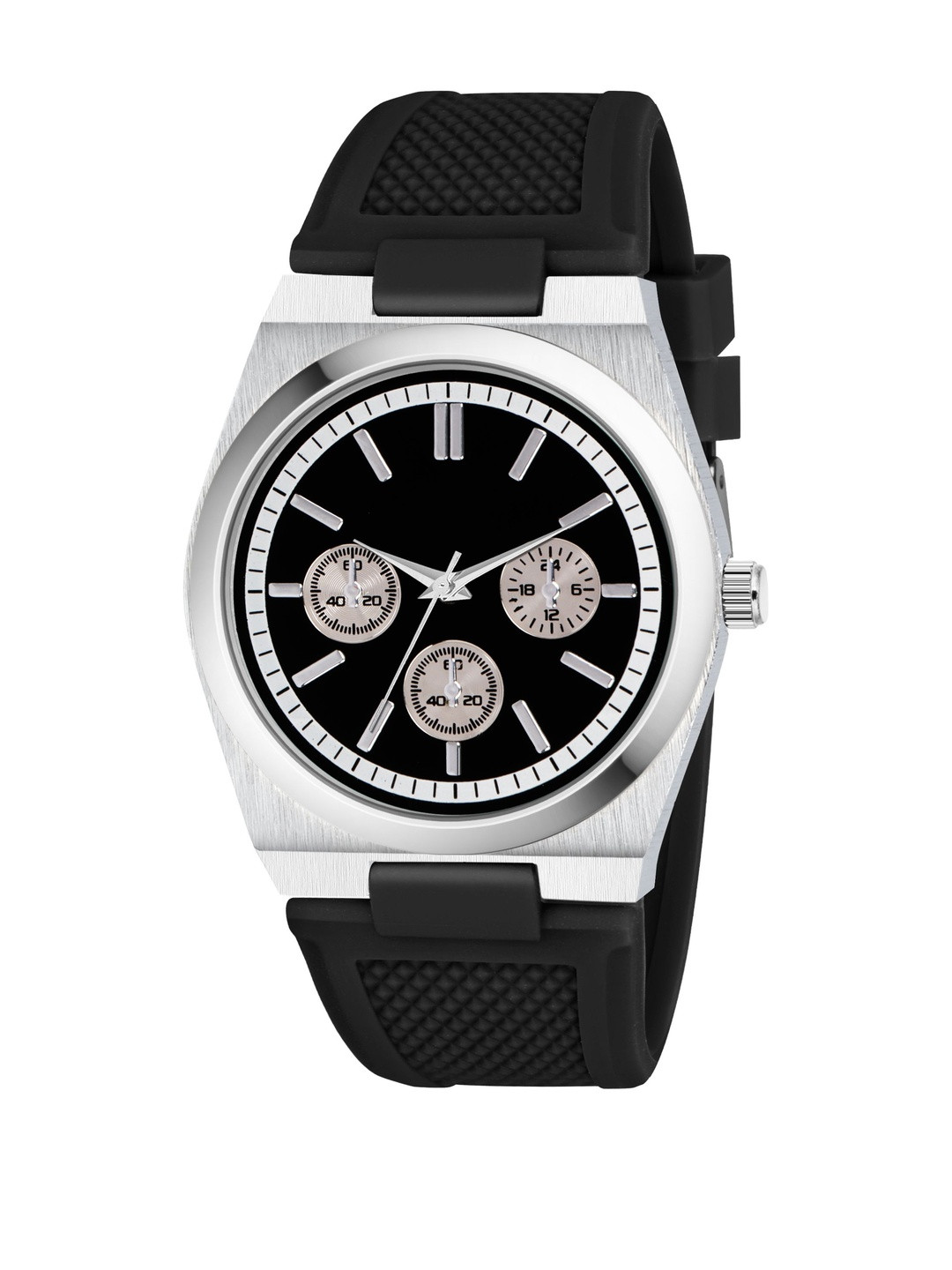 SZN Men Silver Case Black Dial Analog Watch with Silicone Strap