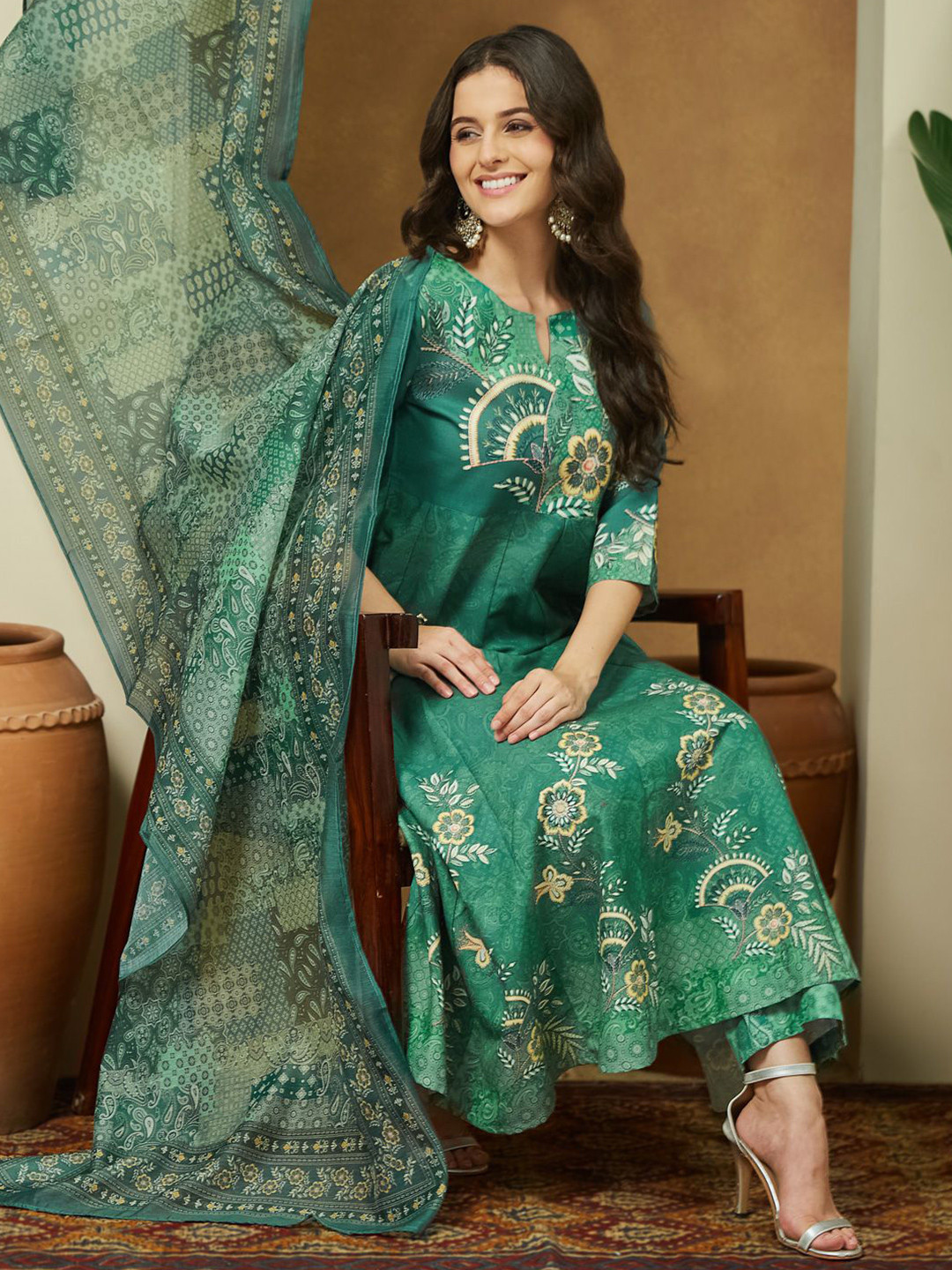 Janasya Women Sage Green Cotton Floral Printed Anarkali Kurta Set