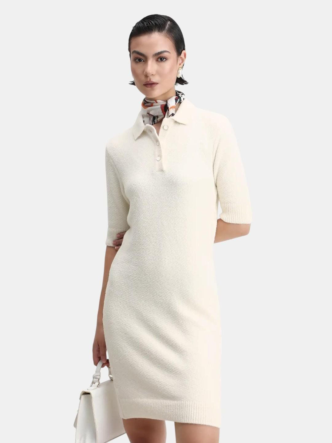 RAREISM Women Afchen Off White Nylon Fabric Spread Collar Regular Fit Plain T-shirt Dress