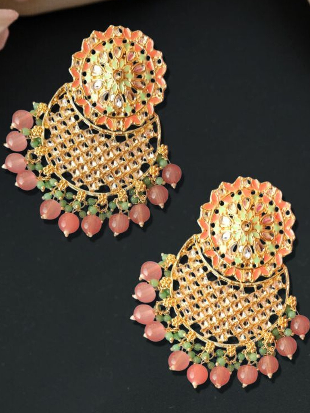 Anouk Gold Plated with Pink & Green Beads Drop Earrings