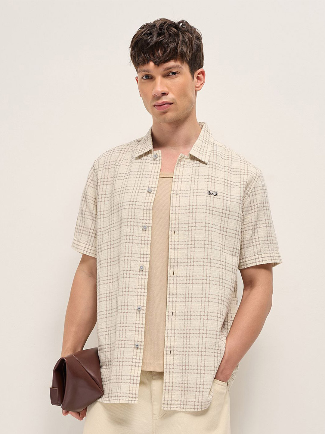 THE BEAR HOUSE Micro Checked Short Sleeves Cotton Shirt