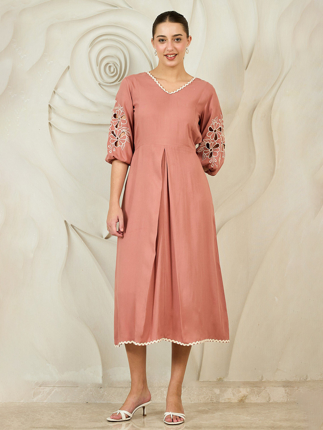 Boho By Athena Women Cutwork Embroidered Puff Sleeve Fit & Flare Midi Dress