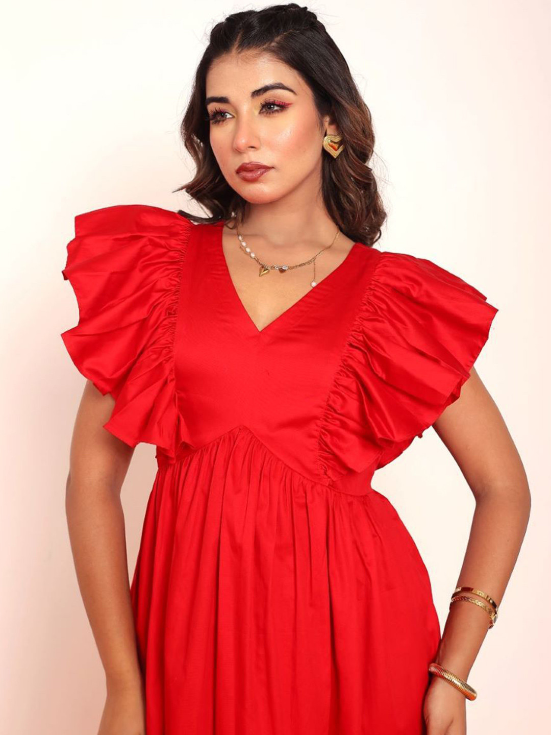 LOVEPRASHA Women Flutter Sleeve Ruffled Cotton Fit and Flare Midi Dress