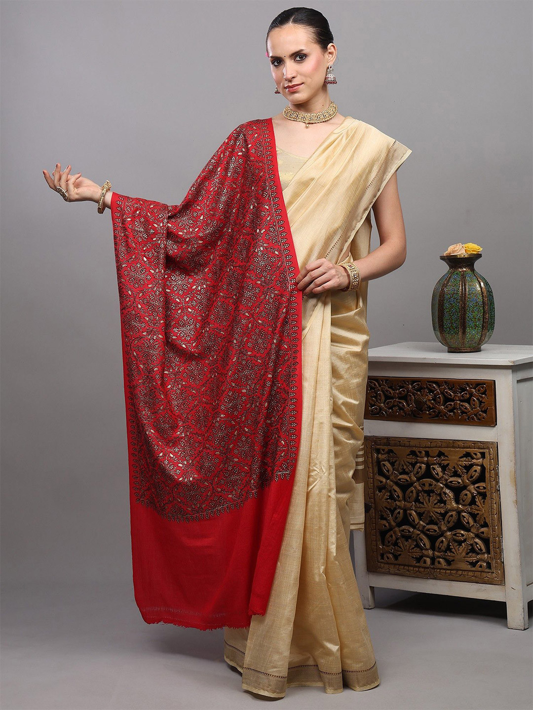 Exotic India Women Wool Stole with Zari Embroidered Floral Arabesque Pattern and Diamond