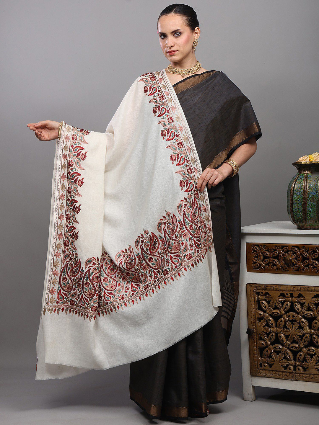 Exotic India Aari Embroidered Woollen Shawl From Amritsar With Paisleys Border