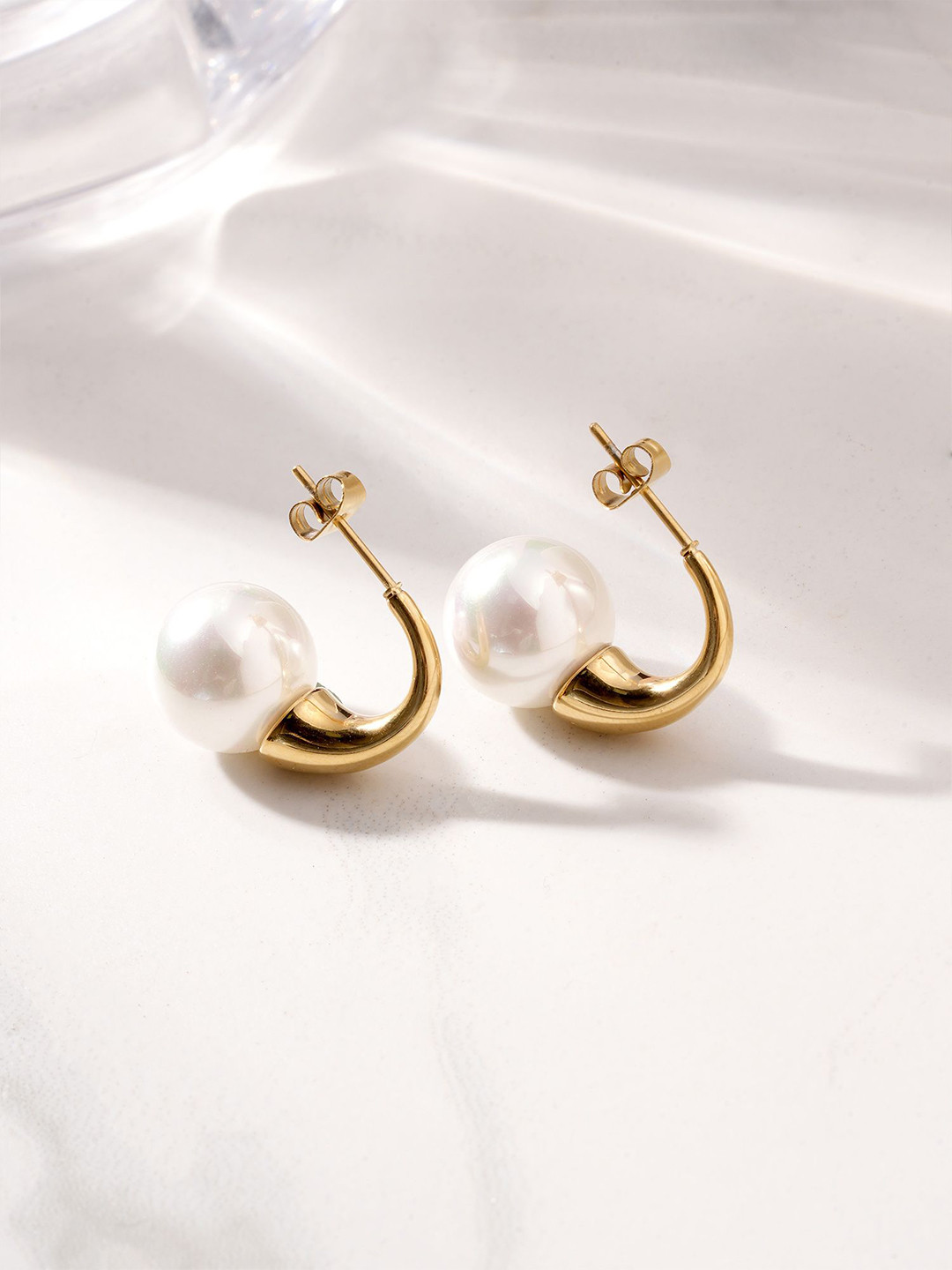 PALMONAS Gold-Plated Stainless Steel Pearls Curve Shaped Half Hoop Earrings
