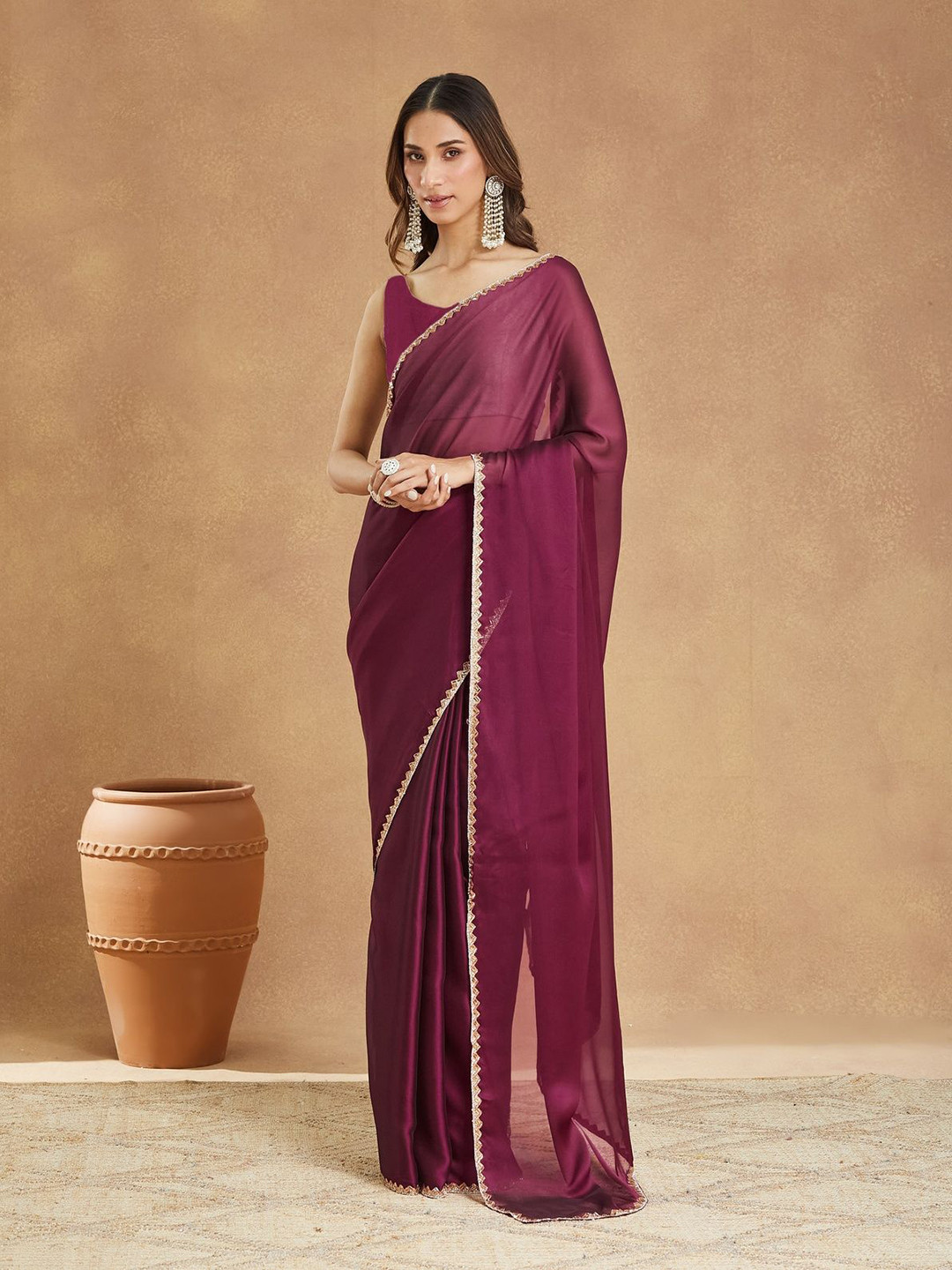 LOROFY Women Beads and Stones Border Mysore Silk Saree with an Unstitched Blouse Piece