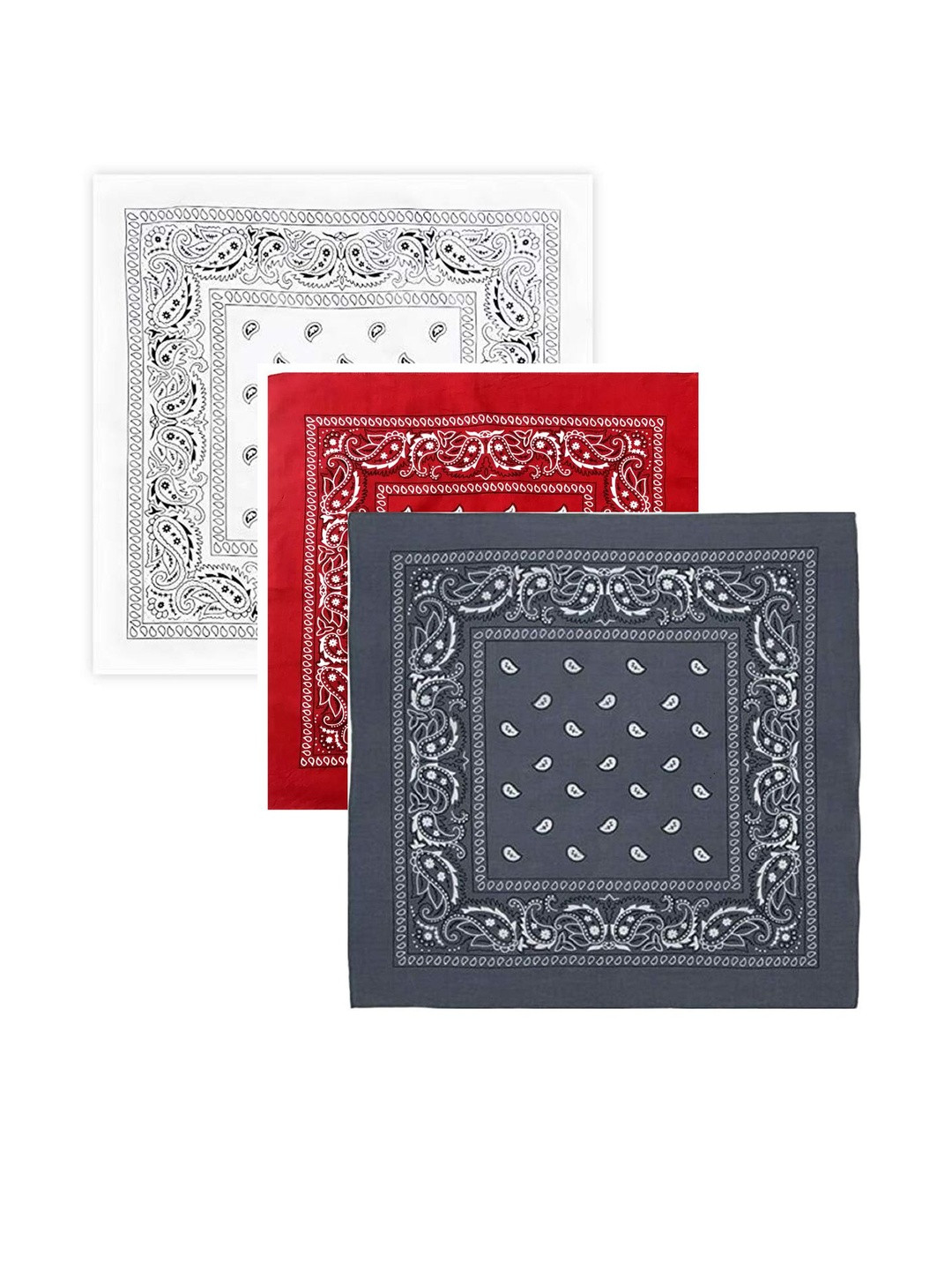 Navkar Crafts Unisex Grey Red & White Pack of 3 Paisley Cotton Bandana Headband