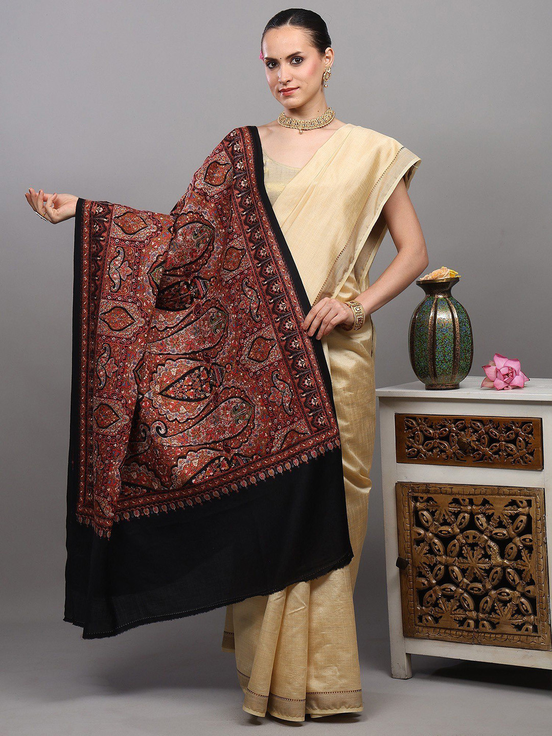Exotic India Flower & Paisley Embroidered Pure Wool Shawl From Amritsar