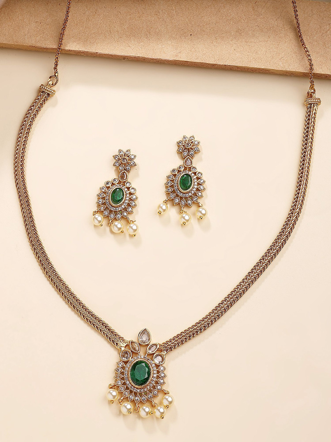 KARATCART Gold-Plated American Diamond & Pearl Beaded Jewellery Set