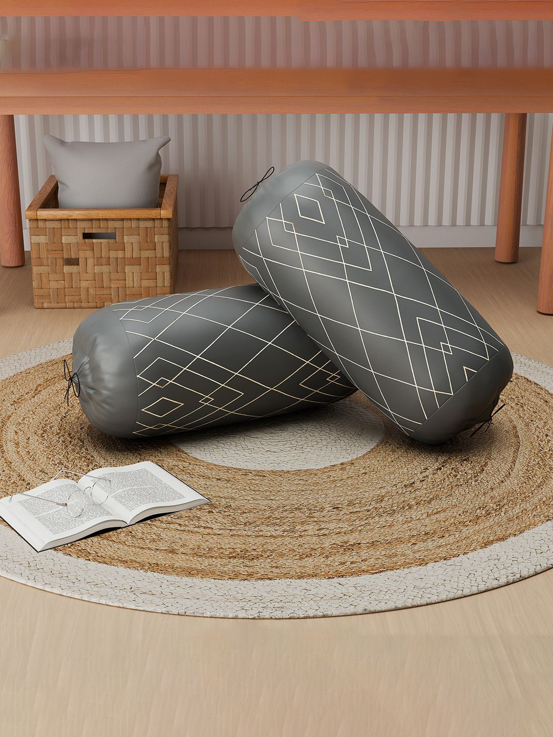 Kuber Industries Unisex Set of 2 Checked Bolster Pillow Cover with Drawstring Closure