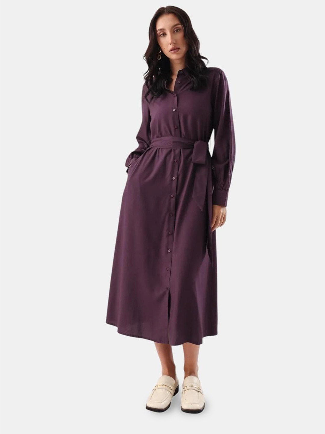 RAREISM Women Eleia Maroon Collared Neck Button Closure A-Line Midi Plain Dress