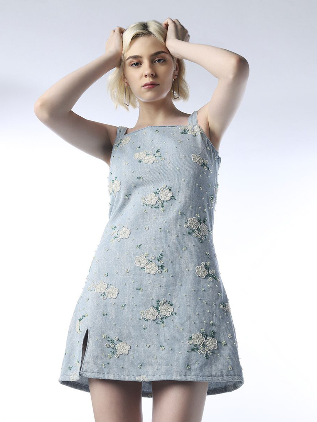 ONLY Women Embroidered Embellished Denim Mini Dress