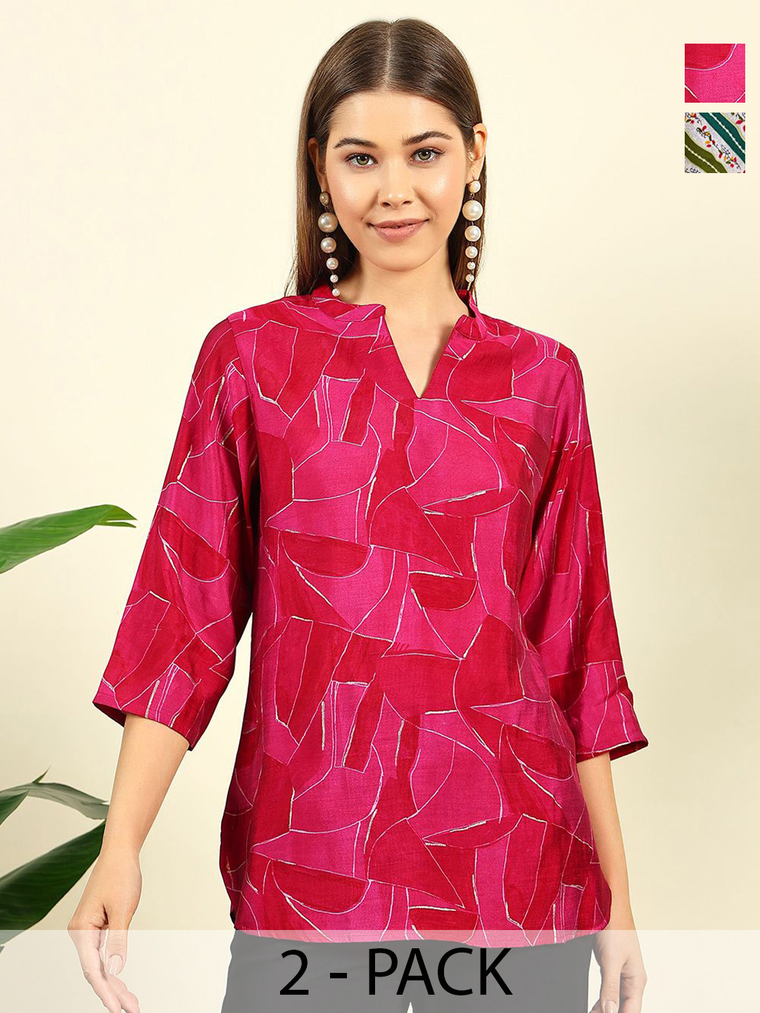 THE FAB FACTORY Women Pack Of 2 Abstract Print V-Neck Top