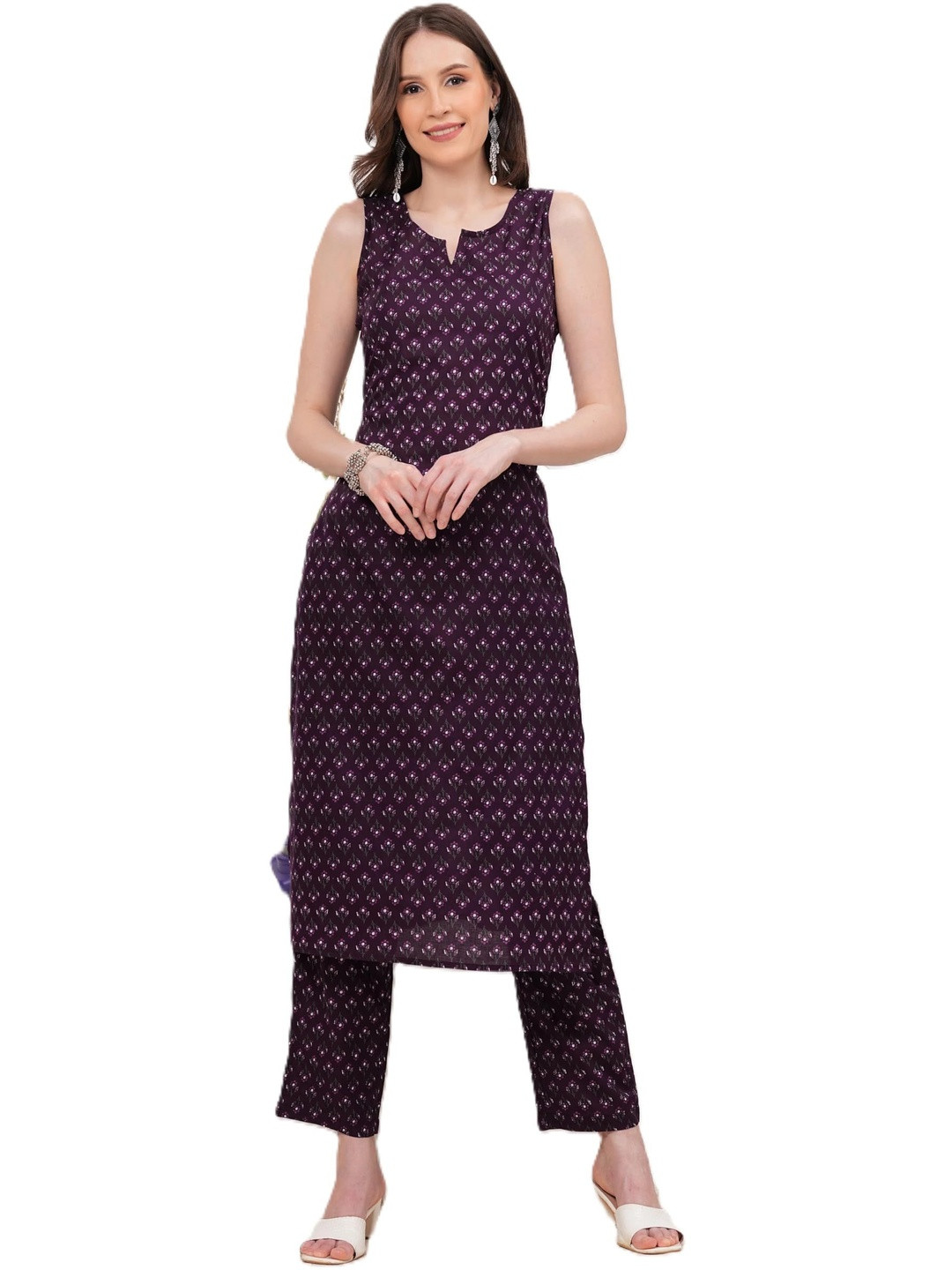 PUSHPRAJ FASHION Women's Diamond Pattern Sleeveless Ikat Print Cotton Kurta