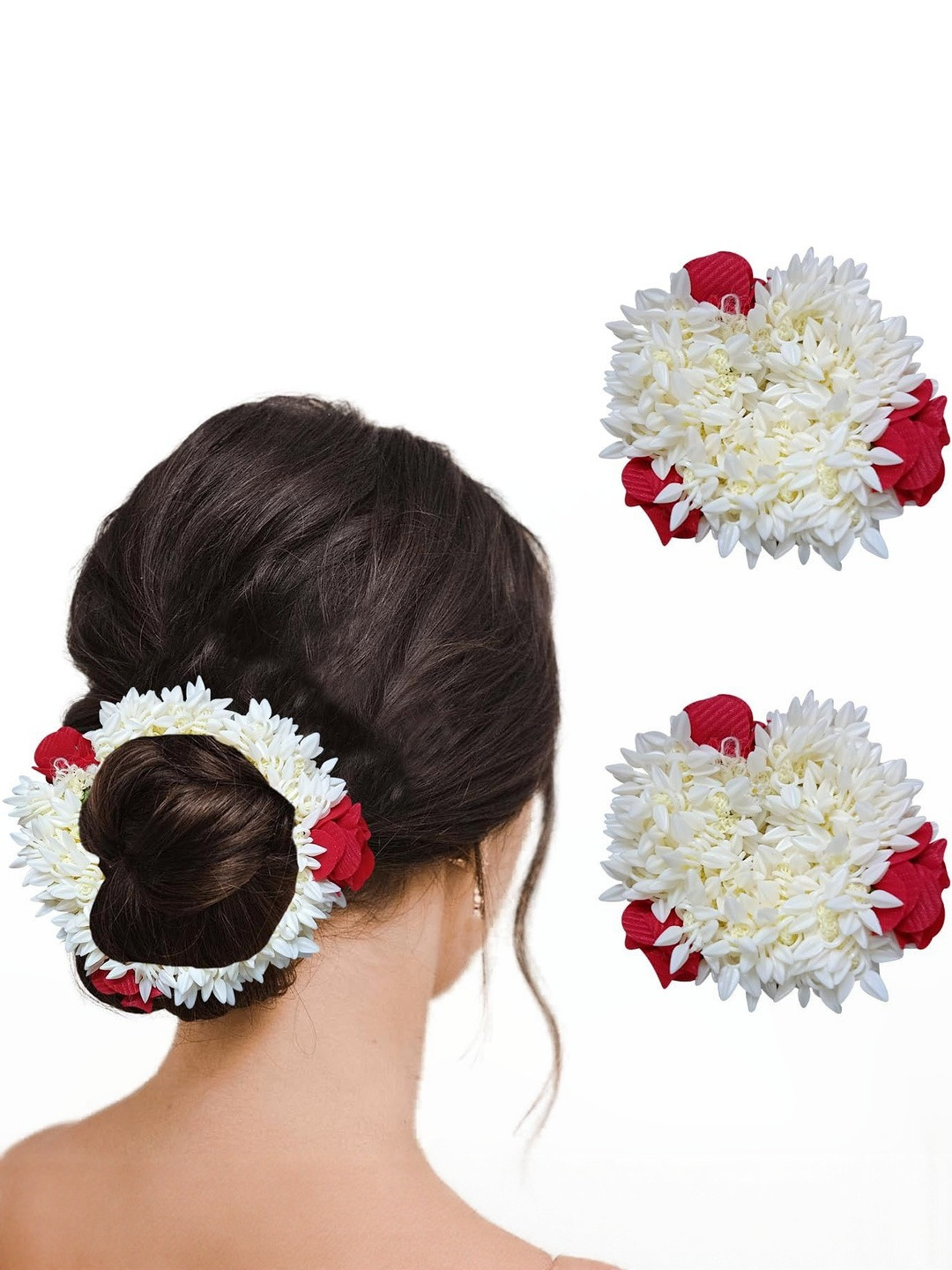 DIVASTRI Women Pack of 2 Cream & Red Rose & Mogra Flower Scented Gajra Rubber Bands