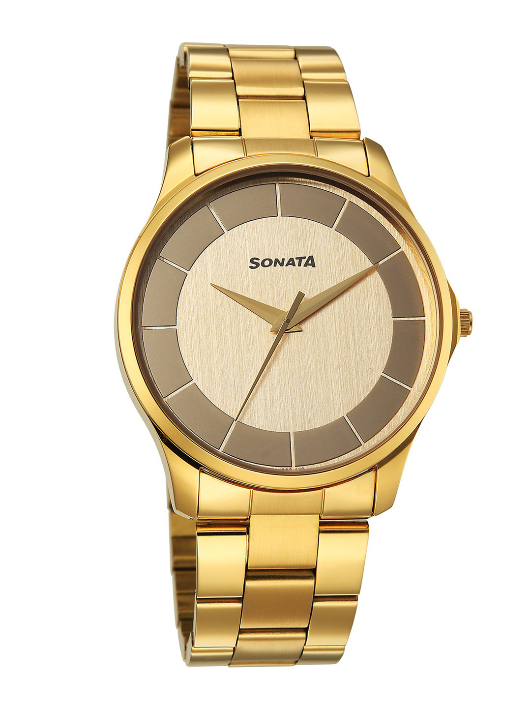 Sonata Men Brass Patterned Dial & Bracelet Style Straps Analogue Watch 77163YM02W