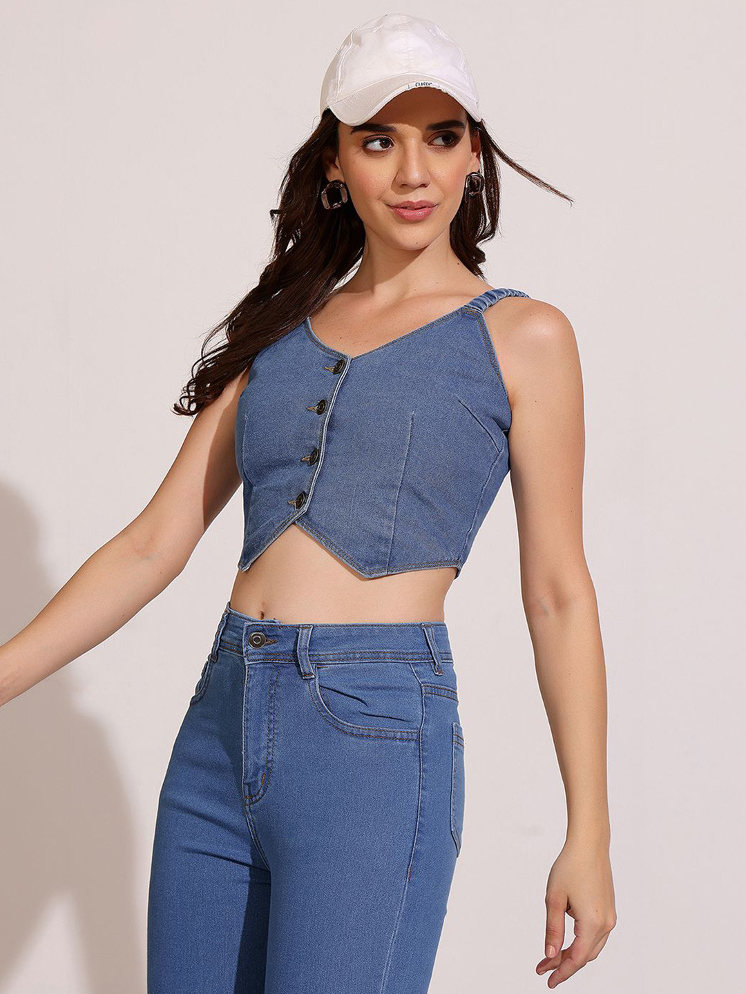 DOLCE CRUDO Women's V Neck Elasticated Straps Sleeve Solid Waistcoat Cropped Denim Top