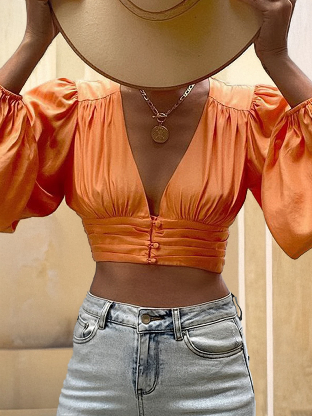 bebe Solid Plunge V-Neck Full Puff Sleeve Fitted Crop top