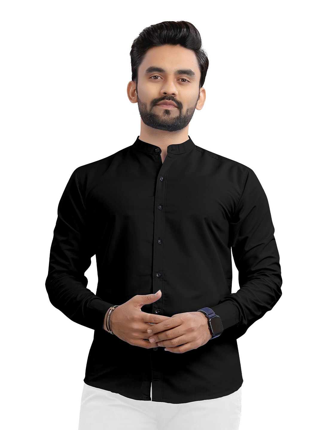 USONA Men Comfort Fit Solid Mandarin Collar Casual Shirt