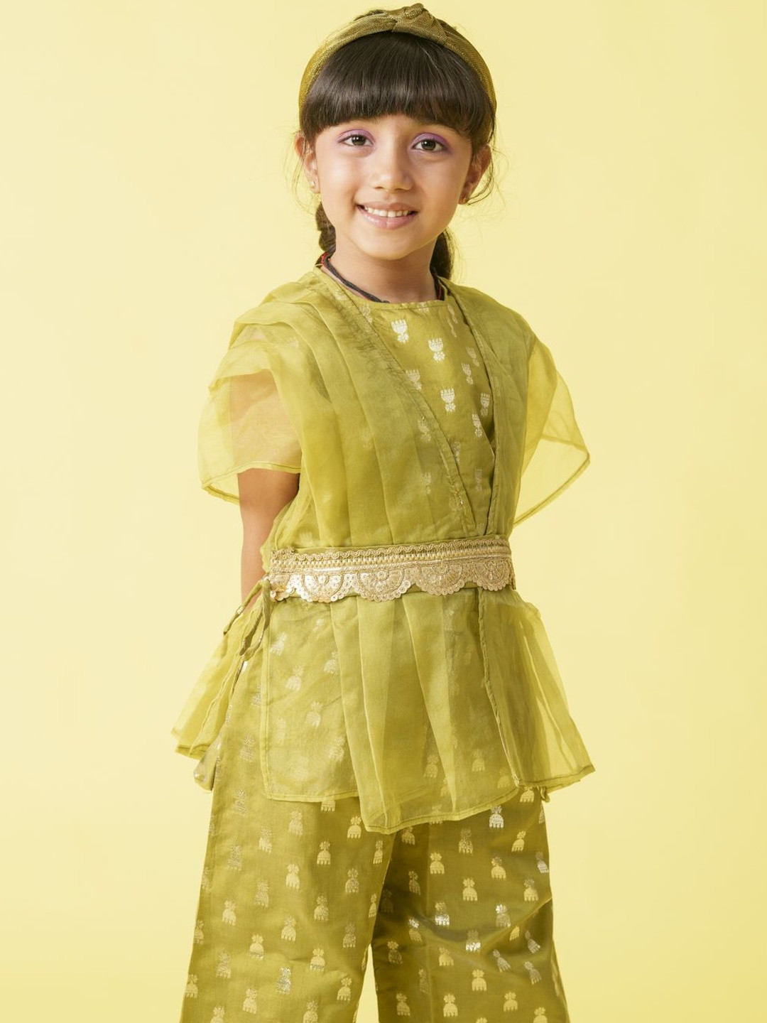 Sangria Girls Green Ethnic Printed Net Top And Trouser Traditional Co-ord Set