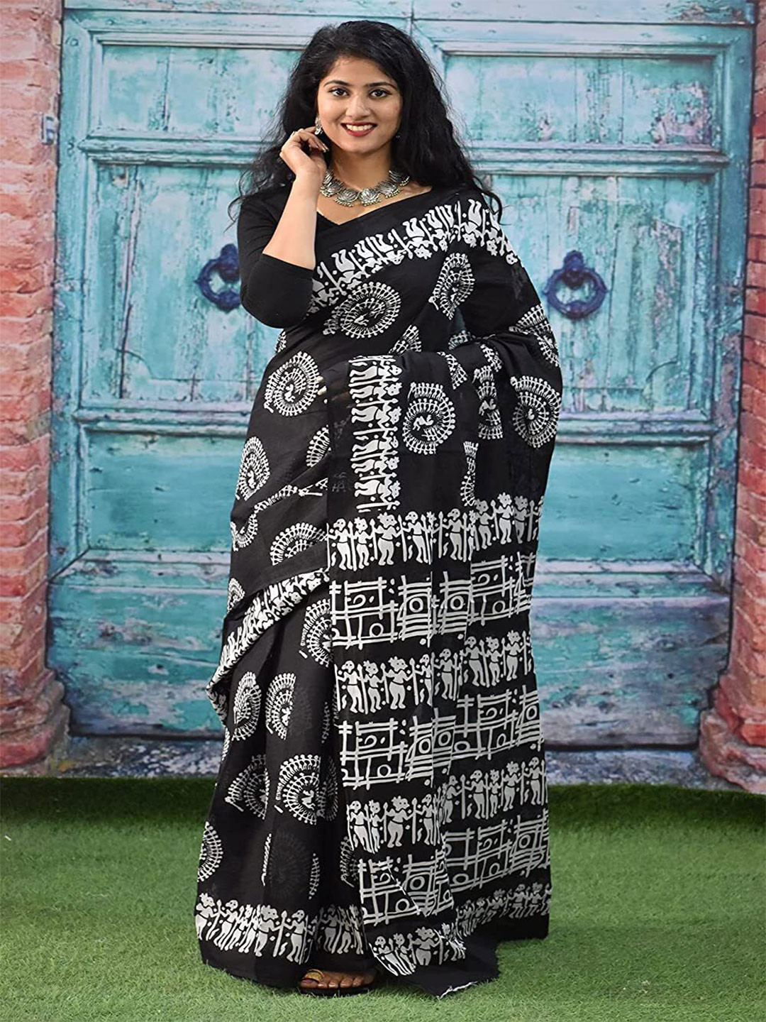 Craft Musium Warli Hand Block Printed Pure Cotton Saree