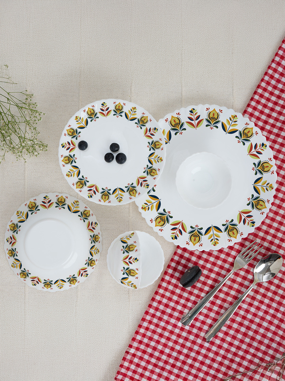 Larah by BOROSIL White 13 Pieces Jupiter Series Prism Flora Opalware Dinner Set