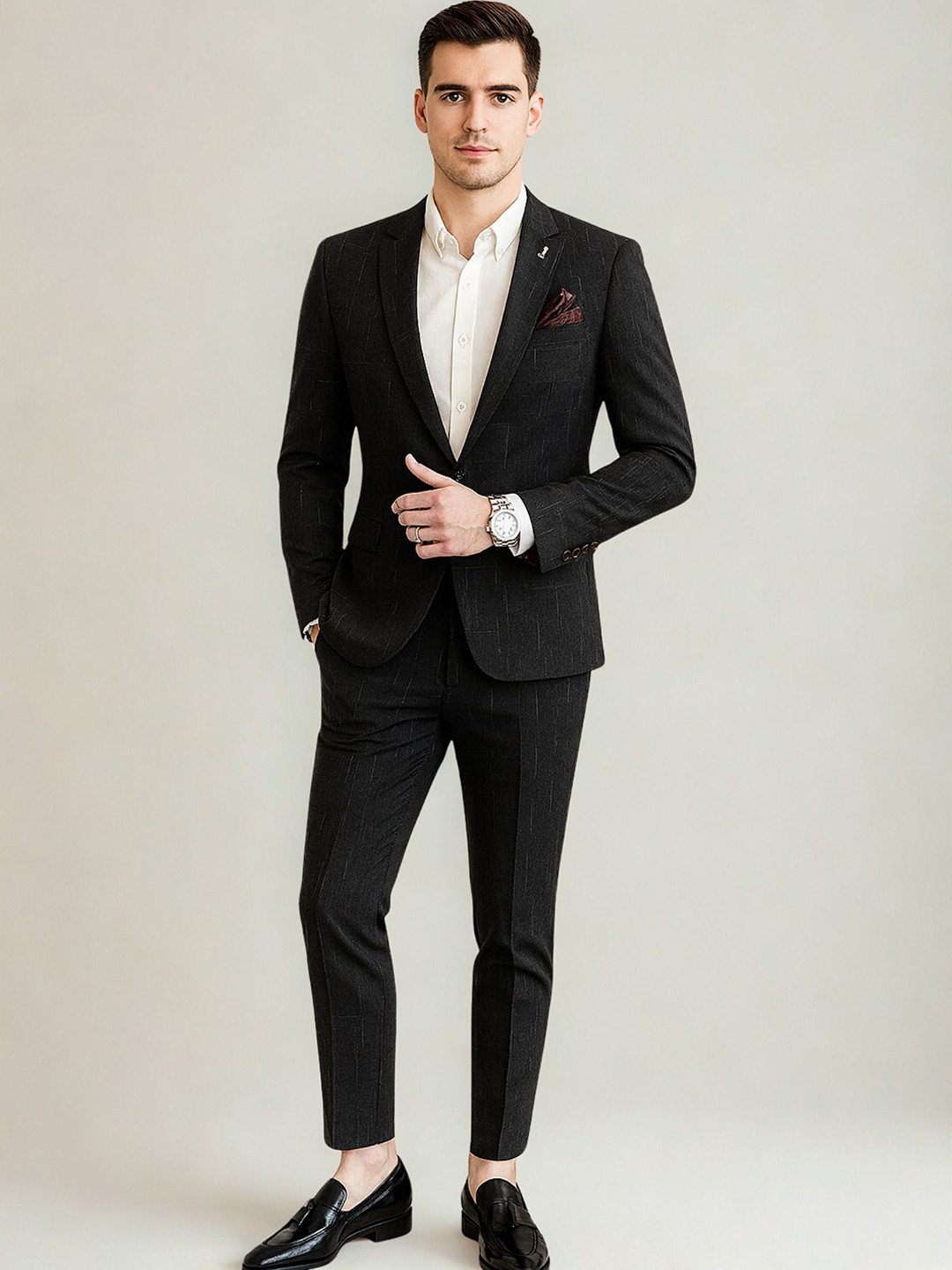 L'monte Slim-Fit Self Design Notched Lapel Formal Three-Piece Suit