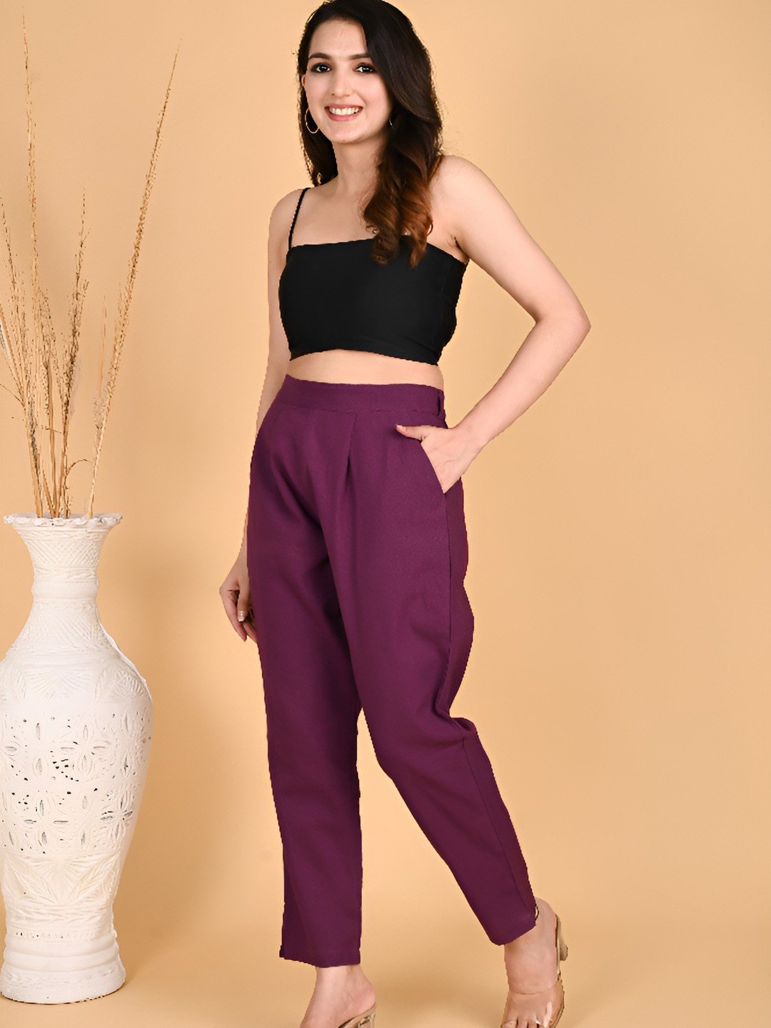 SKYTICK Women Straight Pant Mid-Rise Cotton Pleated Regular Trousers