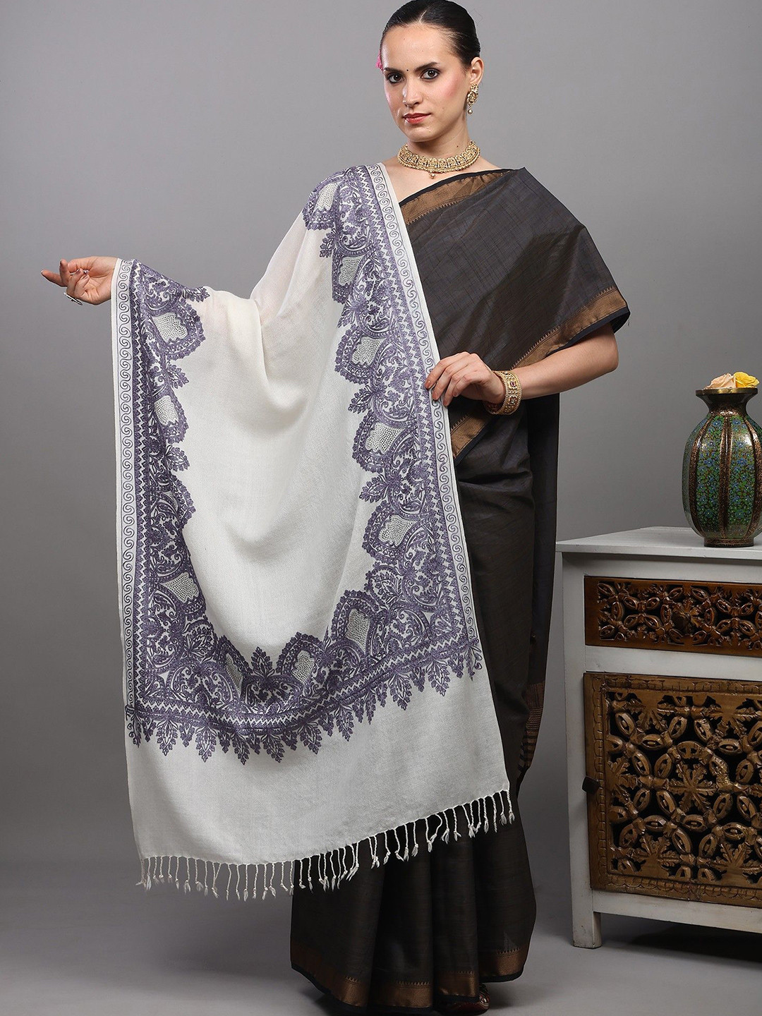 Exotic India Amritsar Floral Aari Embroidered Beads And Stone Woollen Stole