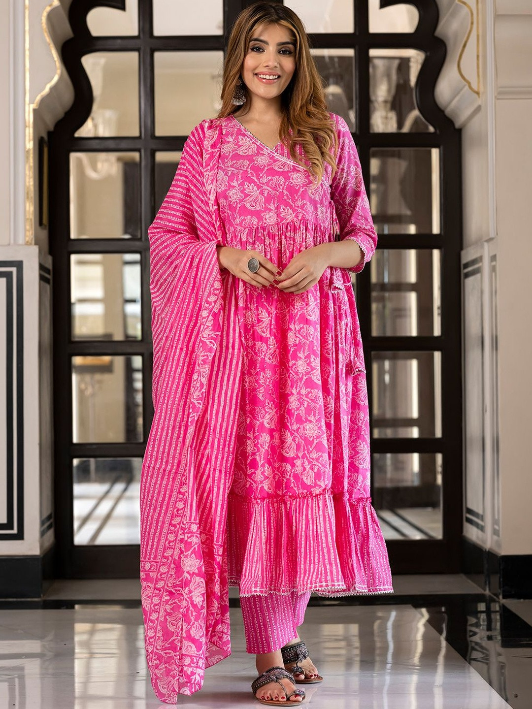 KALINI Women Pink Pure Cotton Floral Printed Anarkali Kurta Set With Bottom & Dupatta
