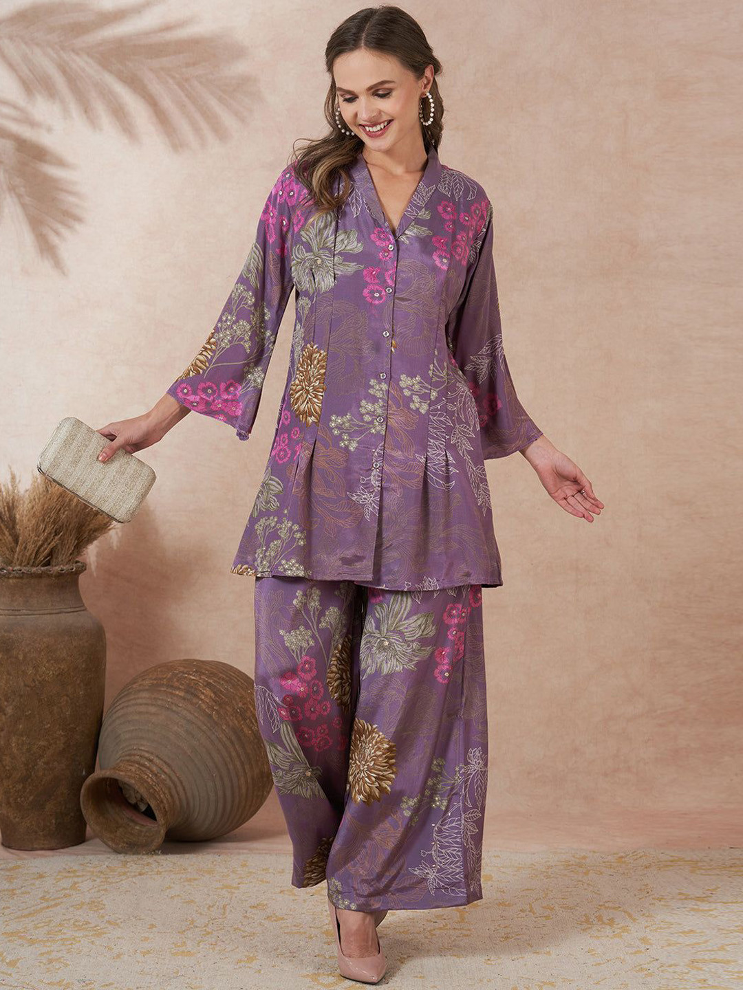 FASHOR Women V-Neck Floral Printed A-Line Blazer With Flared Palazzo Co-Ords Set