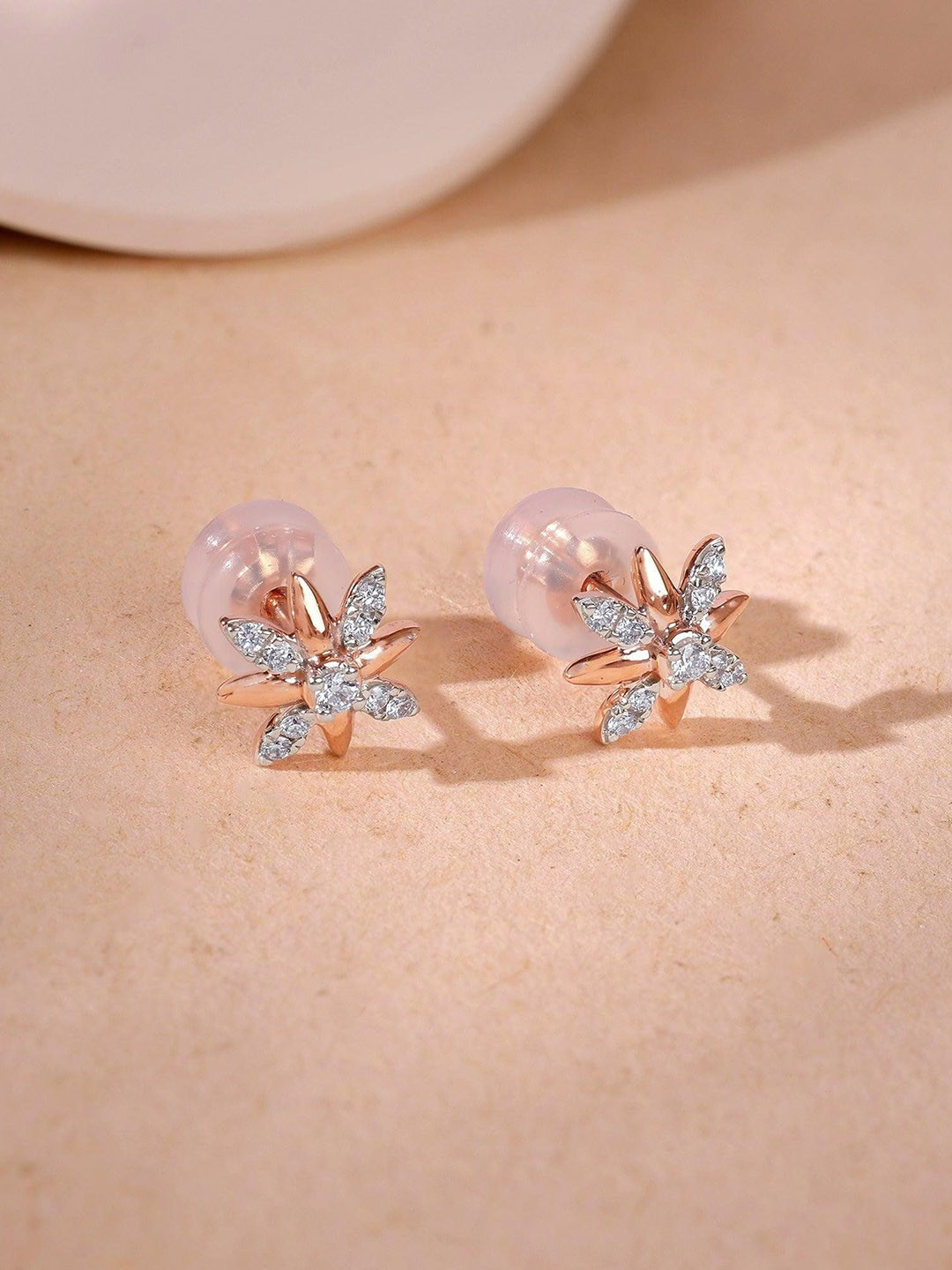 GIVA 14Kt Rose Gold Lily Lab Grown Stud Earrings Diamond-1.253 gms
