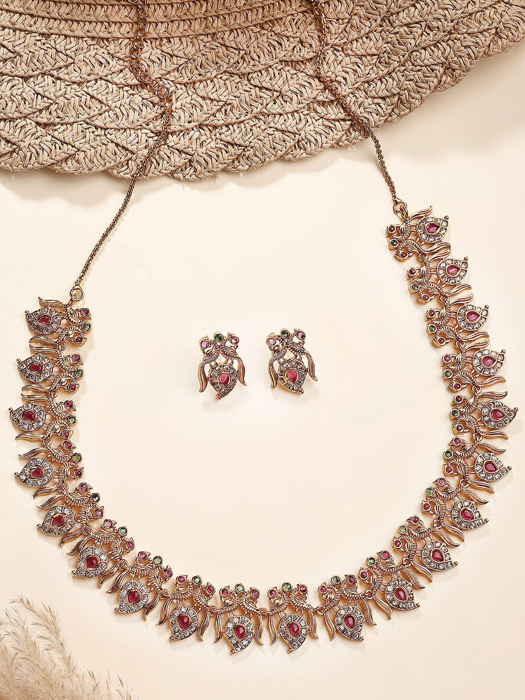 KARATCART Gold-Plated Peacock Design American Diamond Temple Jewellery Set