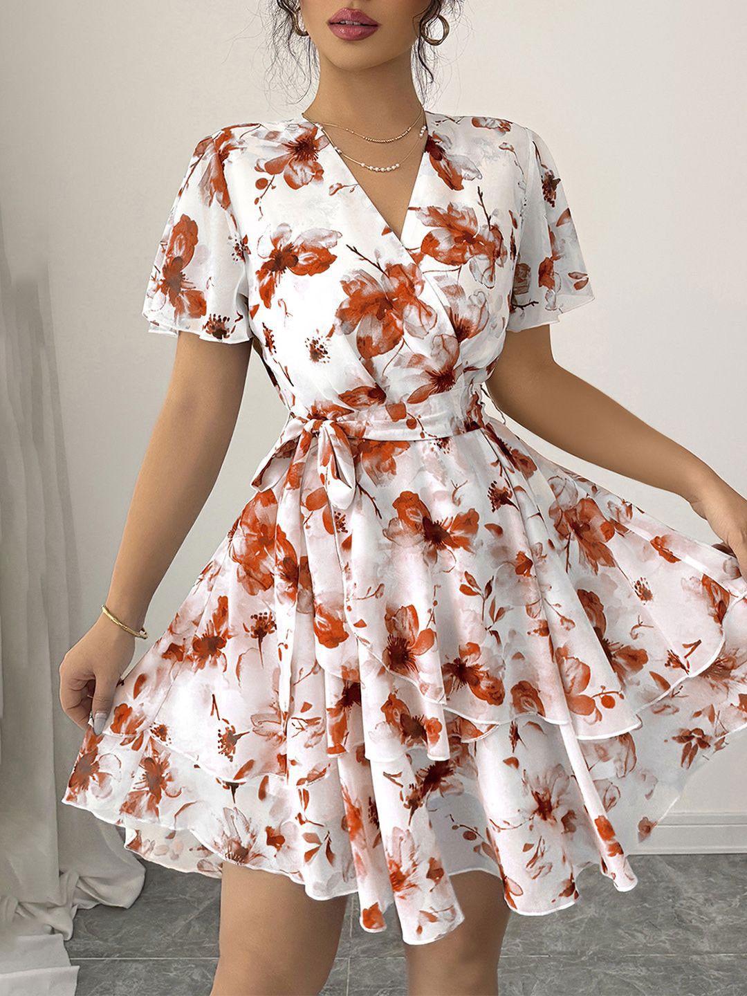 JC Mode Women Floral Printed Layered V-Neck Fit & Flare Mini Dress