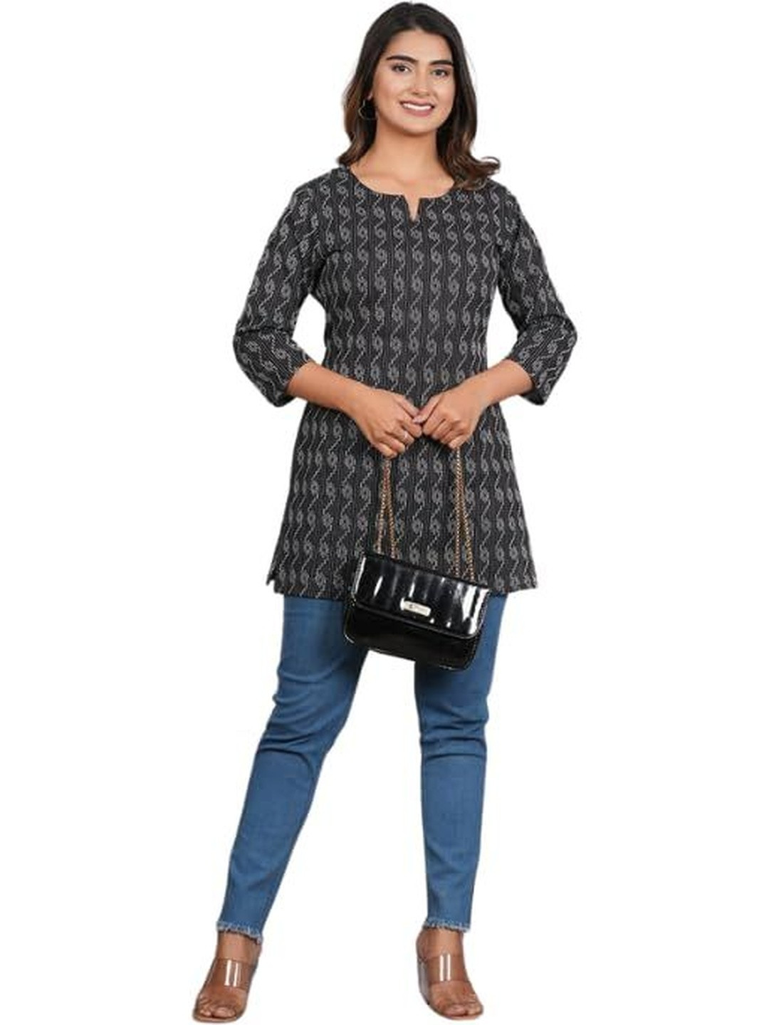PUSHPRAJ FASHION Women's Cotton Round Neck Puff Sleeves Regular Fit Geometric Printed A-Line Kurti